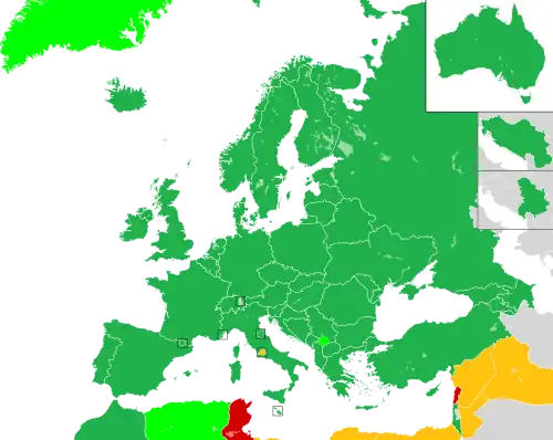 Map of countries in Europe, North Africa and Western Asia, with a cut-out of Australia in top-right corner; countries are coloured to indicate contest participation and eligibility: countries which have entered at least once are coloured in green; countries which have never entered but eligible to do so are coloured in yellow; countries which intended to enter but later withdrew are coloured in red; and countries which competed as a part of another country but never as a sovereign country are coloured in light green.
